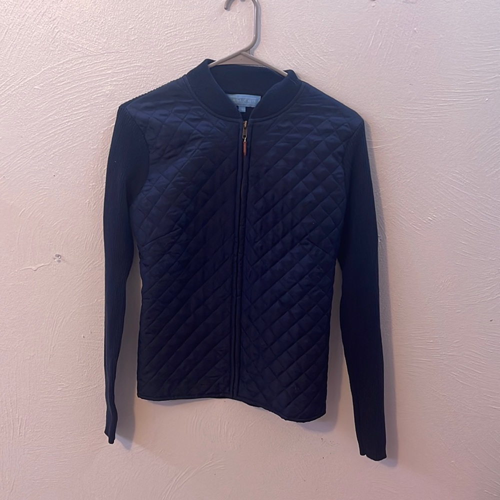 J McLaughlin Navy Silk Quilted Sweater Jacket Zip Front Small